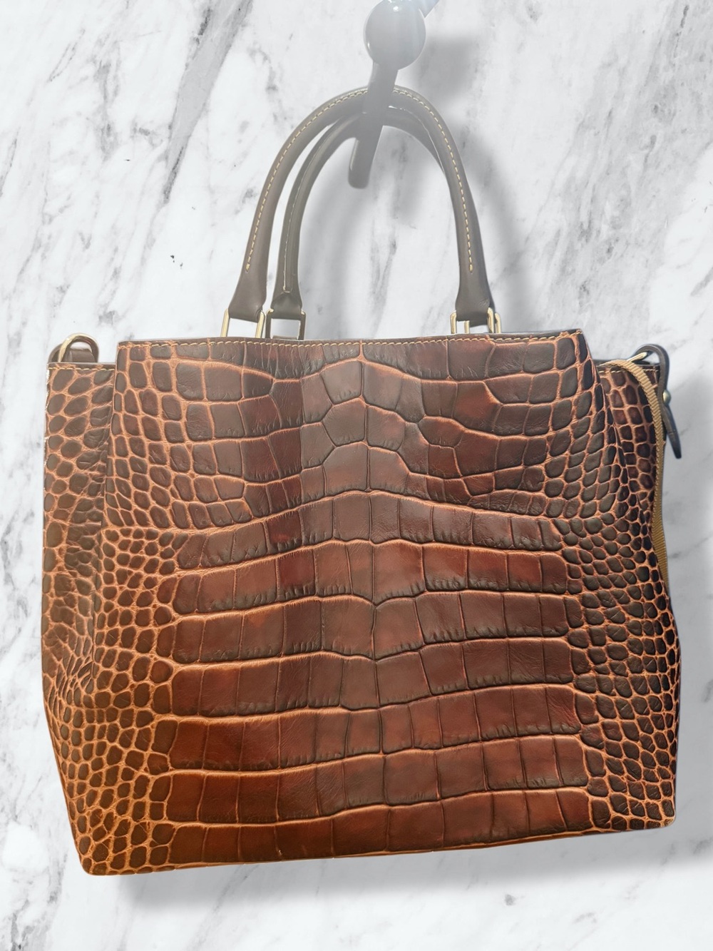 Dooney & Bourke Croc-Embossed Brown Leather Shopper with Red Interior - Picture 7 of 7